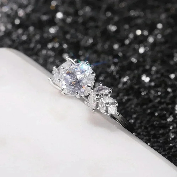 ▶CZ Square Leaf 925 Silver Plated Wedding/Engagement Ring for Women, K940 - Picture 6 of 10